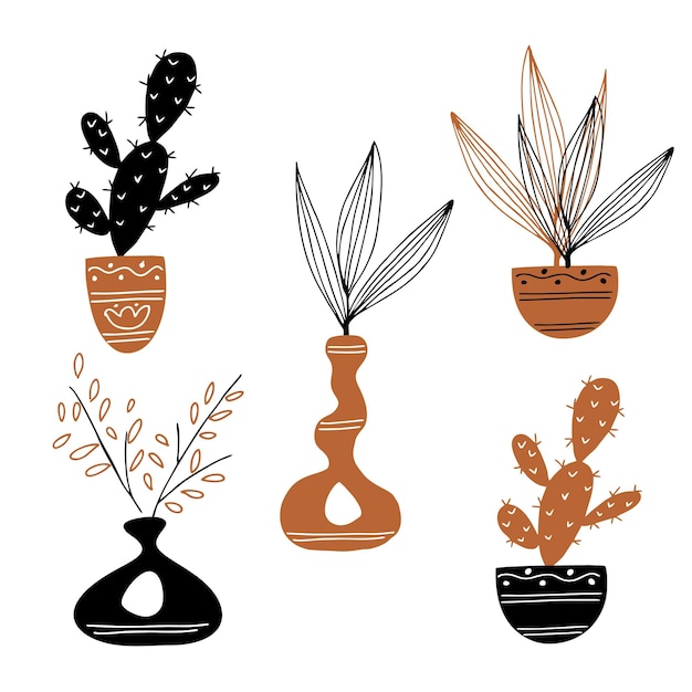 A set of clipart with pots of flowers and cacti Vector