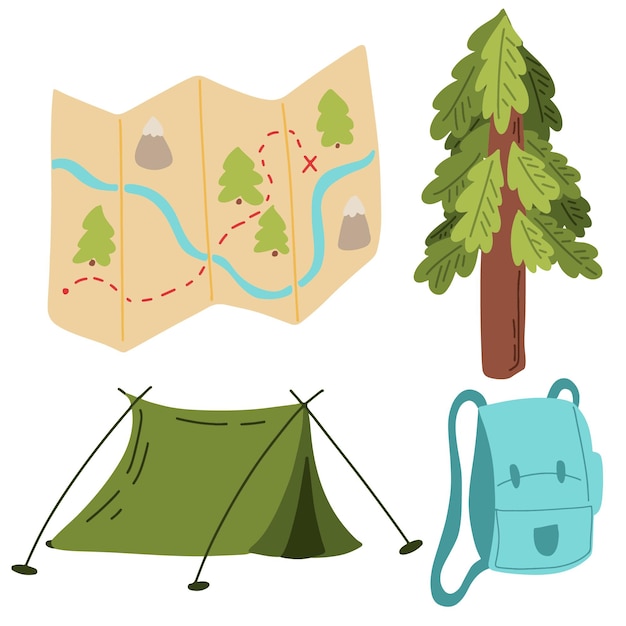 Set of cliparts hike camping tent map tree Vector illustration isolated on white background