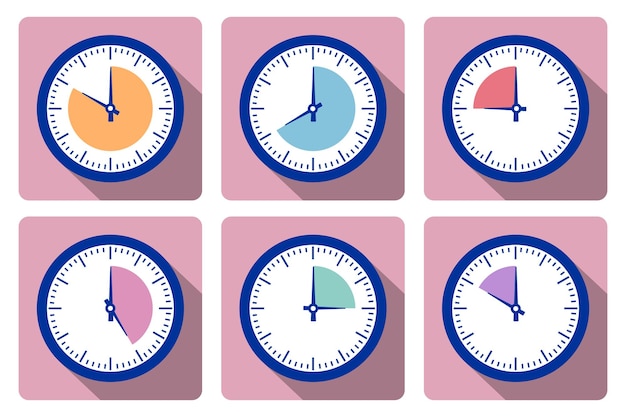 Set clock with the timer in different colors in the style of icons infographics