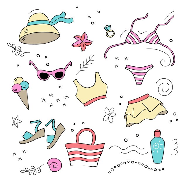 Vector set of cloth and accessories for a beach holiday, a starfish, a shell and flowers