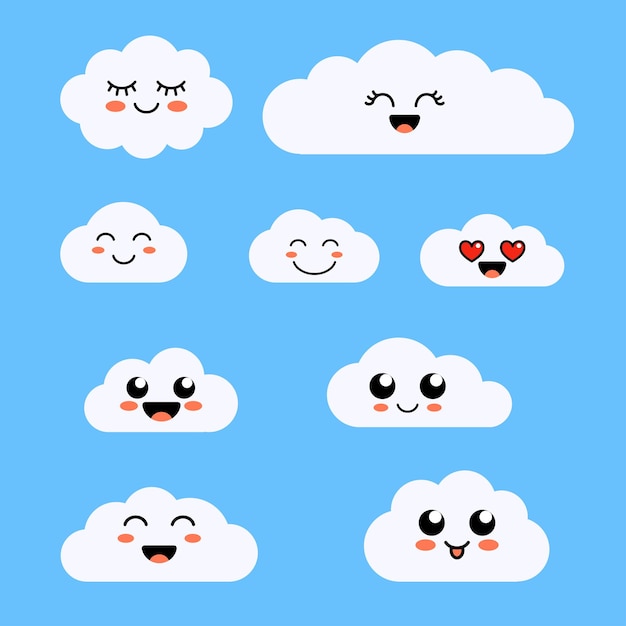 Set of cloud shaped emoji with different mood cute clouds Vector cartoon comic icons set