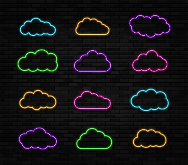 Vector set of clouds neon signs on the black brick wall background abstract electric light frame