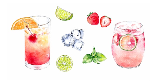 Set of cocktail elements isolated on white background. Watercolor hand drawn illustration