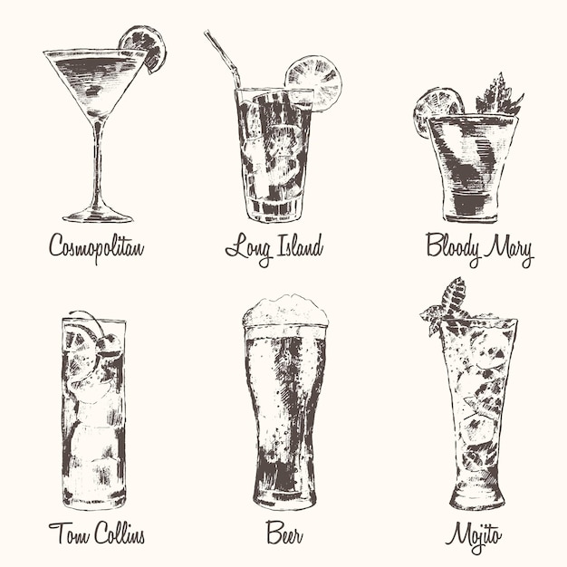 Set of cocktails. Cosmopolitan, Tom Collins, Bloody Mary, Long Island, Beer, Mojito. Vintage engrave