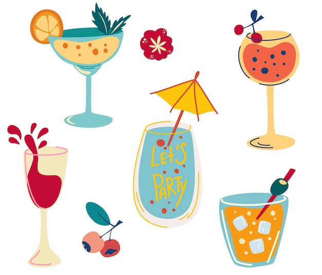 Set of cocktails. Hand draw alcoholic beverages, refreshing cocktails with ice cubes, berries 