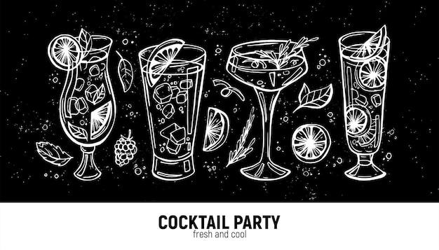 Set of cocktails pencil handdrawn With berries and lemon slices For menus and advertisements