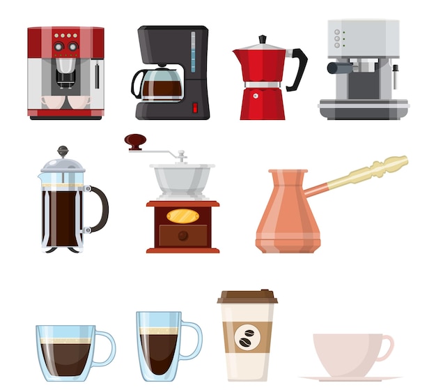 Set of coffee elements isolated on white background. French press, coffee makers, cup, pot, grinder and packaging. For web, poster, menu, cafe and restaurant. Vector illustration in flat style.