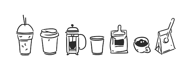 Set of coffee elements kettle packaging mug and cups of coffee to go Trending vector doodle illustrations and icons for coffee shop and restaurant menu Hand drawn coffee shop design concept