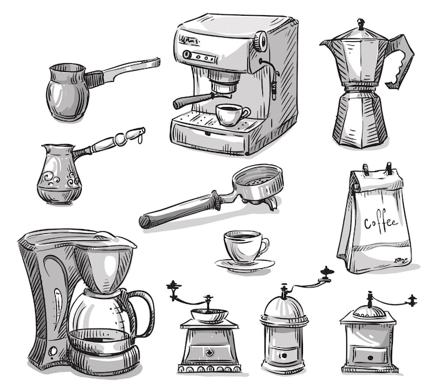 Set of coffee making equipment vector sketch