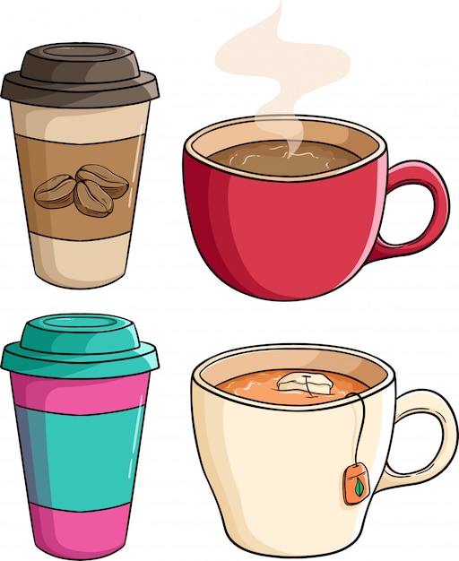 Set of coffee paper cup with tea cup by using colored doodle style