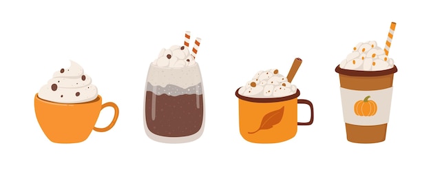 Set of coffee vector illustration. Mug with cappucino, pumpkin latte, hot chocolate. Hot drink