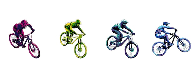 set collection of bmx rider downhill cyclist silhouettes monochrome color concept of sport extr