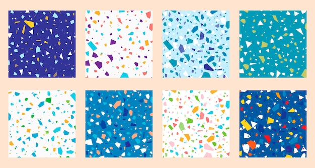 Set collection of colorful blue venetian terrazzo imitation seamless stone fragments pattern