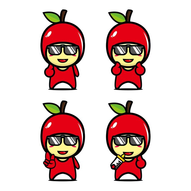 Set collection of cute apple mascot design character Isolated on a white background