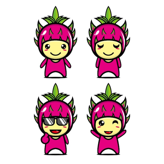 Set collection of cute dragon fruit mascot design character Isolated on a white background