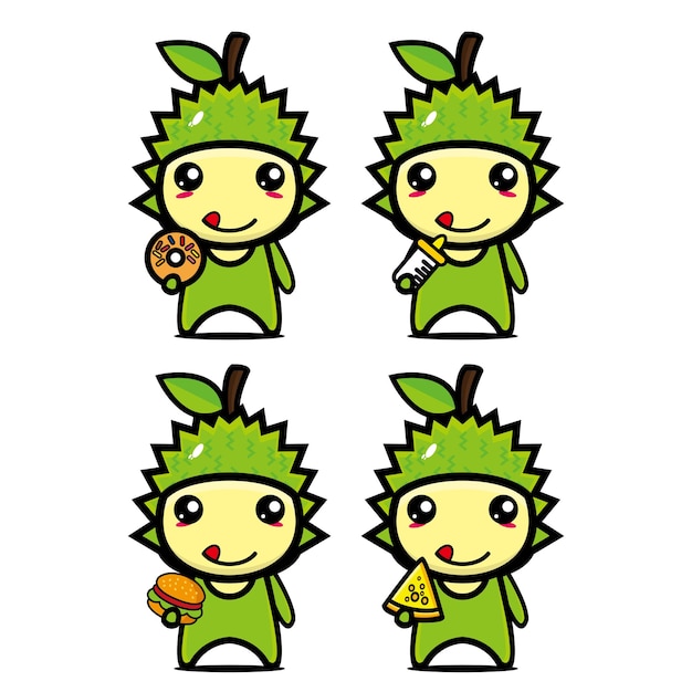 Set collection of cute durian mascot design character Isolated on a white background