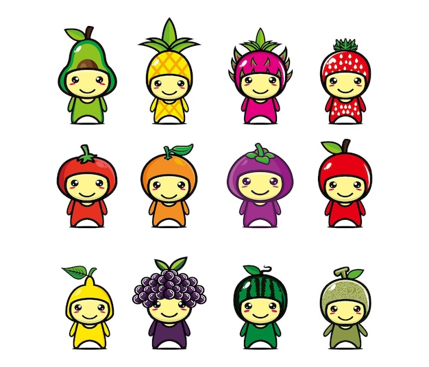 Set collection of cute fruits mascot design character Isolated on a white background