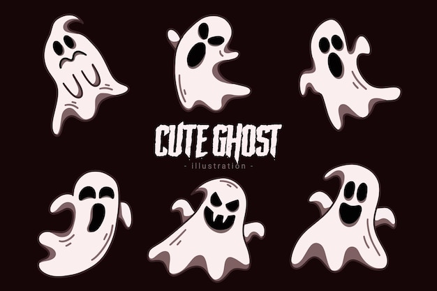 Set of Collection Cute Ghost Horror Cartoon flat design hand drawn Spooky emoji funny spirit doodle