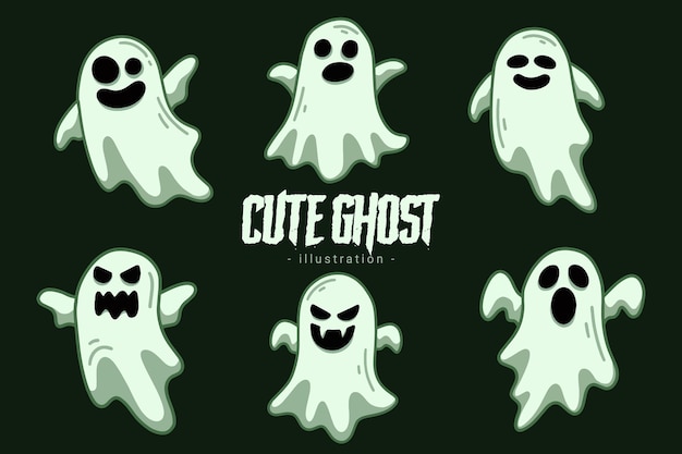 Set of Collection Cute Ghost Horror Cartoon flat design hand drawn Spooky emoji funny spirit doodle