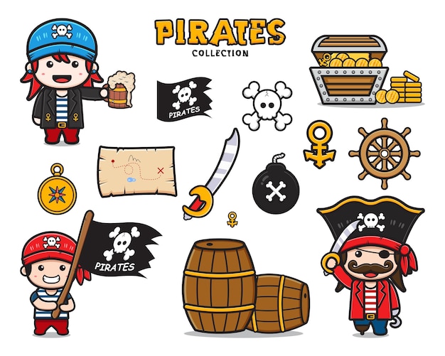 Set collection of cute pirates and equipment cartoon icon clipart illustration. Design isolated flat cartoon style