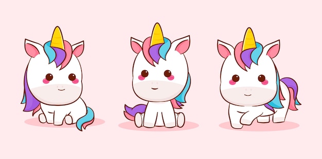 Set Collection cute unicorn cartoon. Kawai animal design character.