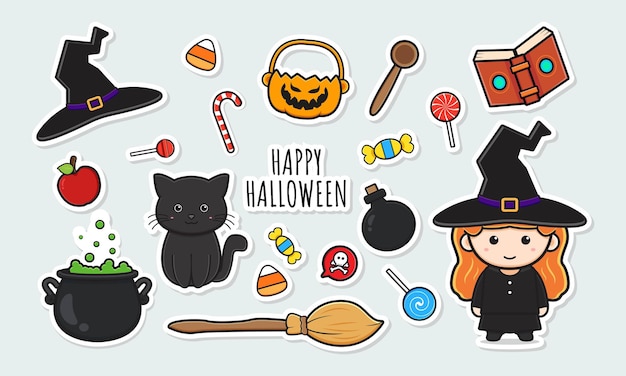 Set collection of cute witch halloween stickers with object cartoon doodle clip art illustration