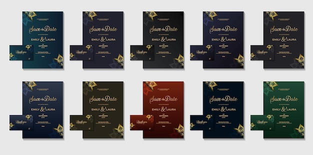 Set collection golden geometric oriental luxury royal wedding invitation card design with color variations flyer card vector template