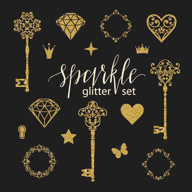 Set collection of golden glitter elements