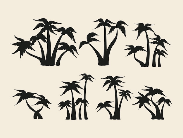 Set collection group of coconut palm trees vector silhouette in cartoon style illustration