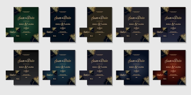 Set collection illustrated geometric luxury oriental golden wedding invitation mega bundle elegant royal card elements geometric golden elements design with color variations flyer card