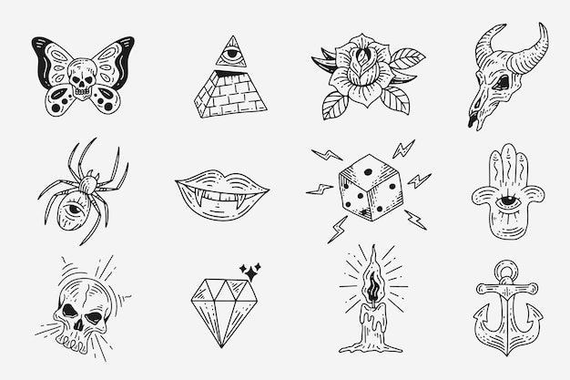 Vector set collection mystical celestial dark holy simple minimalism tattoo clipart symbol space doodle esoteric elements vintage illustration