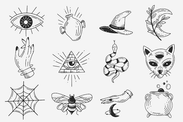 Set Collection Mystical Celestial Dark Holy Simple Minimalism Tattoo Clipart Symbol space doodle Esoteric elements vintage illustration