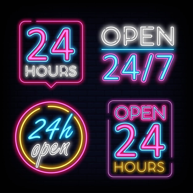 set collection Neon sign Open 24/7 light vector