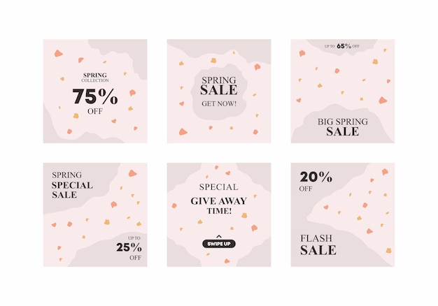 Set collection of nine editable square templates for social media posts in pastel pink and grey Spring sale promotion Fashion and lifestyle blog templates web banners brochure designs