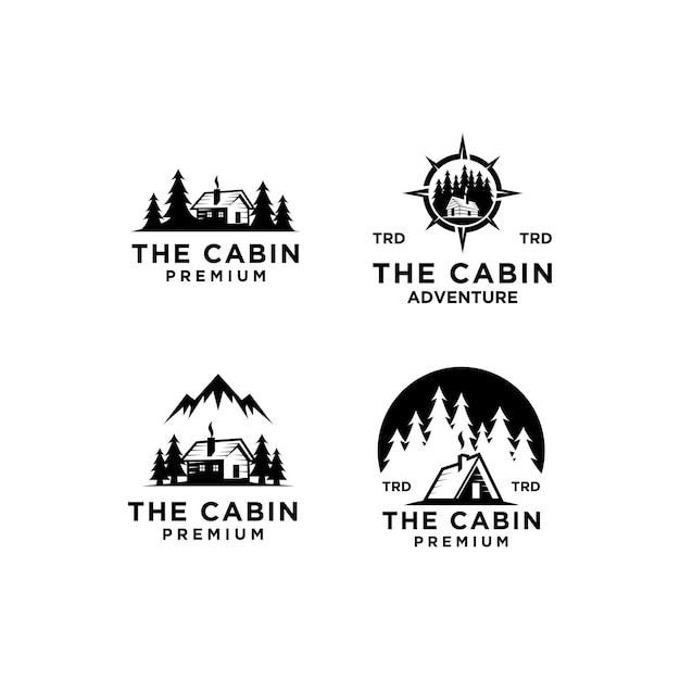 Set collection premium wooden cabin and mountain pine forest retro vector black logo design isolated white background