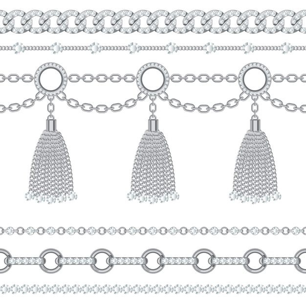 Set collection of silver metallic chain borders with gemstones and tassels.