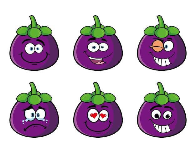 Set of collection smiling mangosteen cartoon mascot character