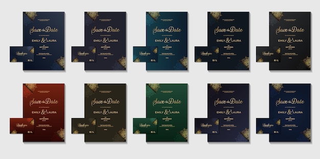 Set collection with color variations oriental royal wedding invitation with mandala design flyer card vector template