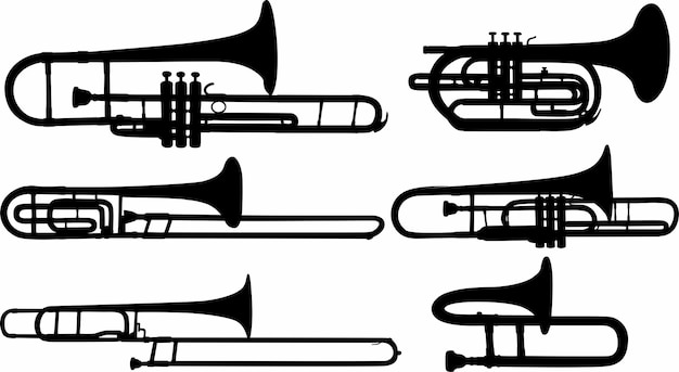 set collections black trumpet trombone tuba silhouette icon Brass Musical Instrument vector