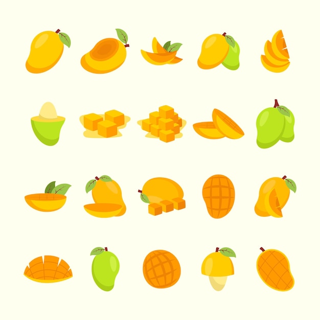 set collections of fresh and unripe mango pieces hand drawn illustration