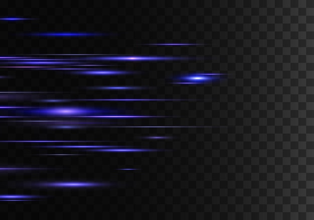 Set of color horizontal rays lens lines Laser beams Blue purple abstract sparkling lined transparent background Light flares effect