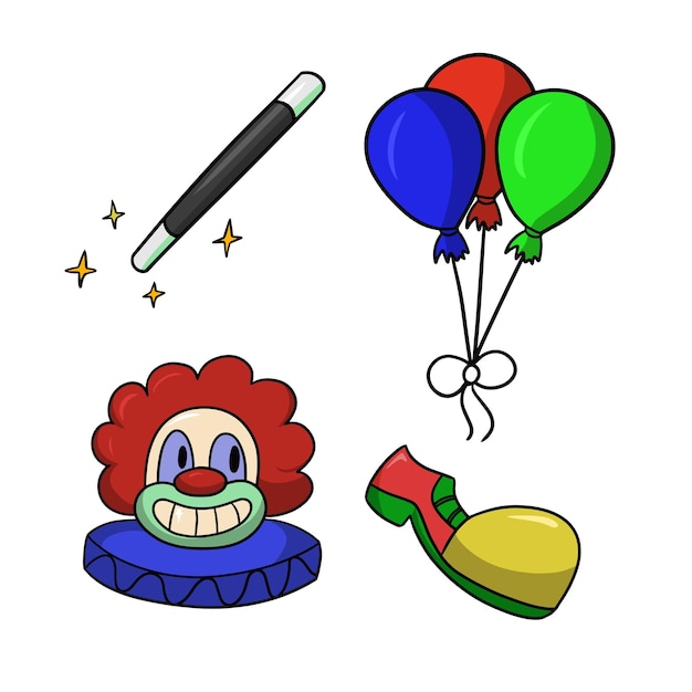 A set of color illustrations on the theme of circus clown balloons vector cartoon