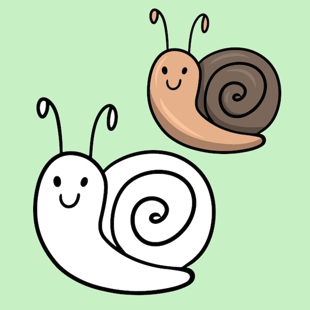 A set of color and sketch drawings Cute cartoon brown snail character vector illustration