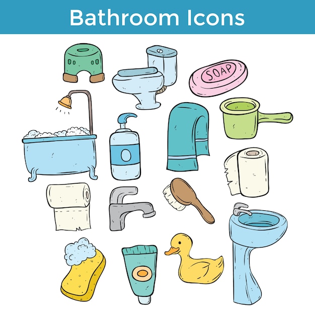 Set of colored bathroom icons with sketchy