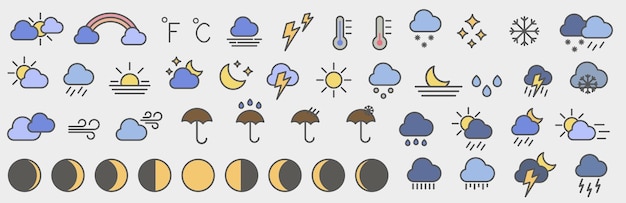 Set of colored bright weather icons with stroke Weather forecast Weather Vector illustration