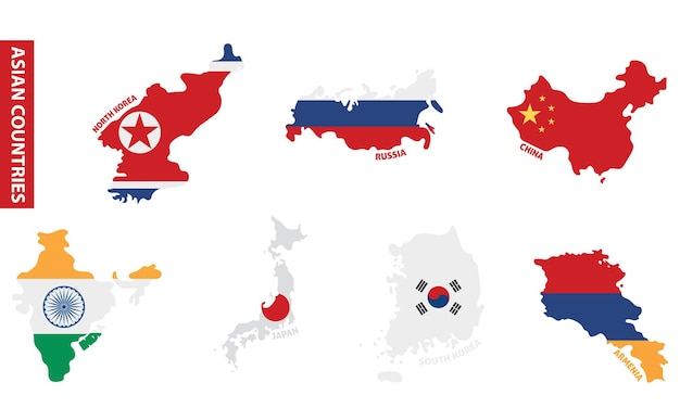 Set of colored country maps with its flags Vector illustration