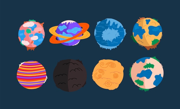 Vector set of colored different cartoon planets flat vector graphics