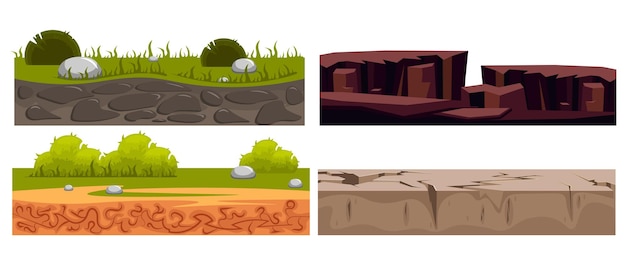 Vector set of colored earth soil in cartoon style vector illustration of different soil of the earth with stones cracks faults green grass bushes isolated on white background soil profiles