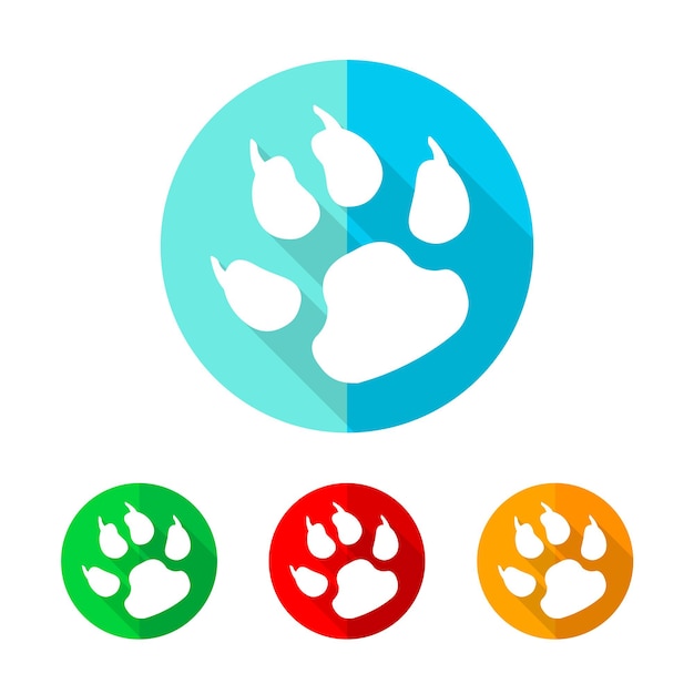 Set of colored footprint icons. White footprint icon with long shadow. Vector illustration. Footprint sign on a the round button.