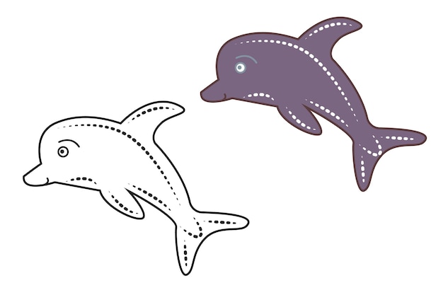 Set of colored gray dolphin and dolphin outline for coloring Cute cartoon dolphin